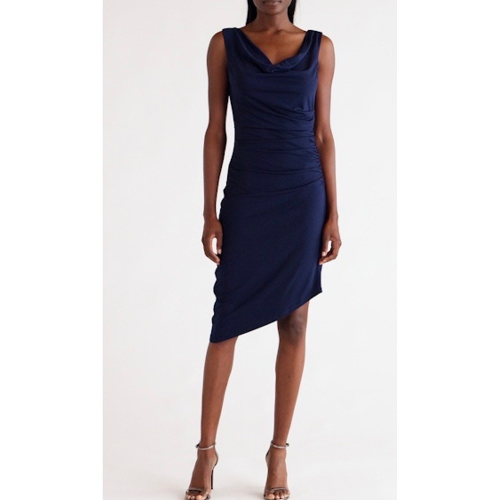 Sam Edelman Women's Small Asymmetrical Ruched Cowl Neck Dress Navy Blue NEW